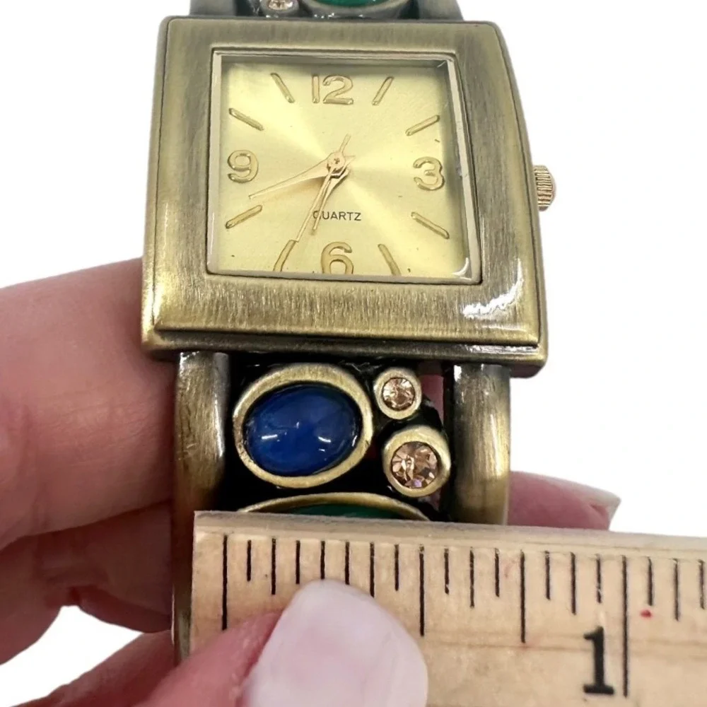 Vintage Womens Cuff Bracelet Watch Cabochon Gold Tone Square Face New Battery